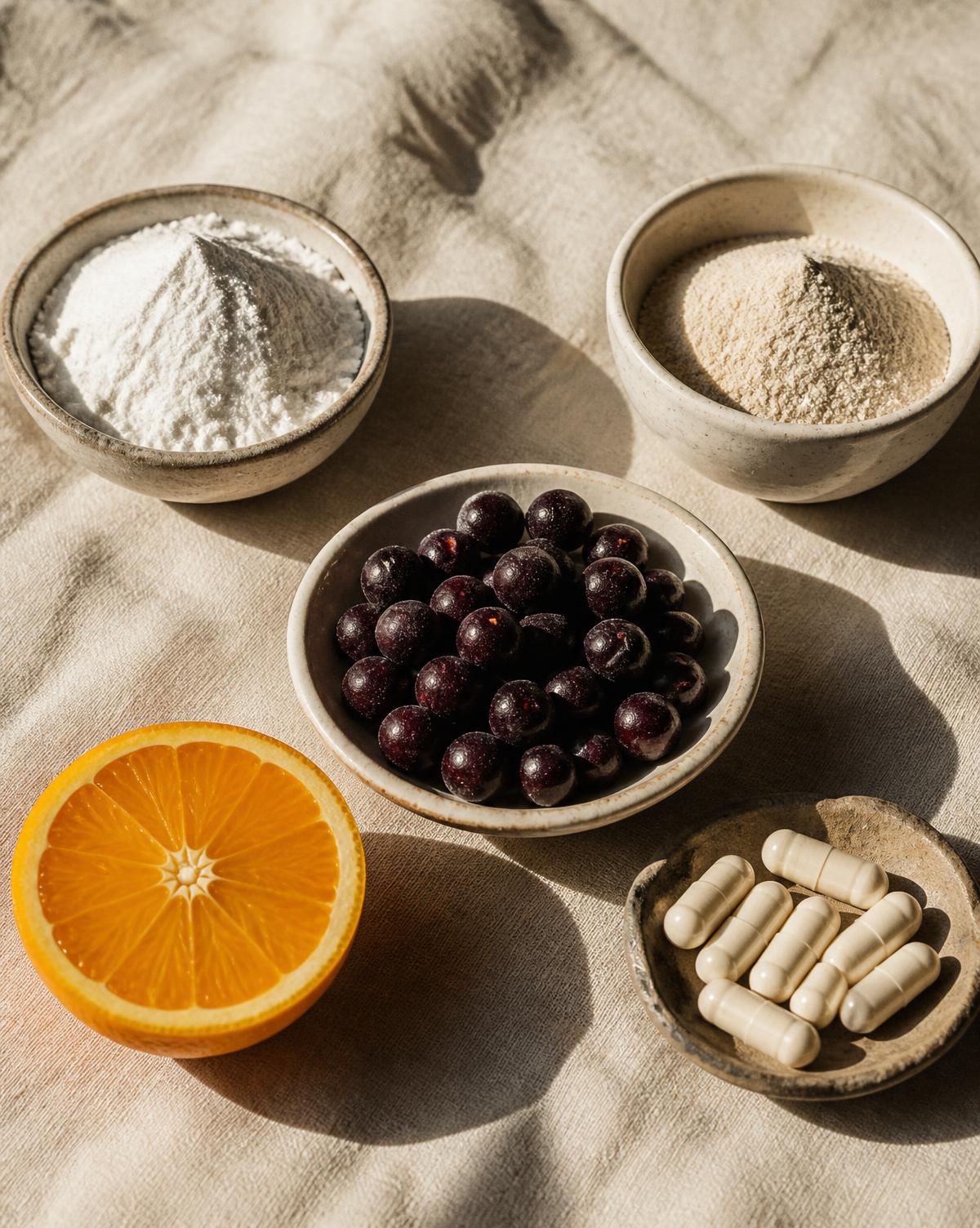 Creatine, collagen, acai and vitamin C ingredients in natural light
